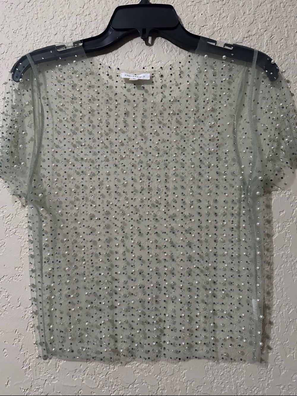 Endless Blue Emblished Sheer Olive Green Short Sleeve Top M